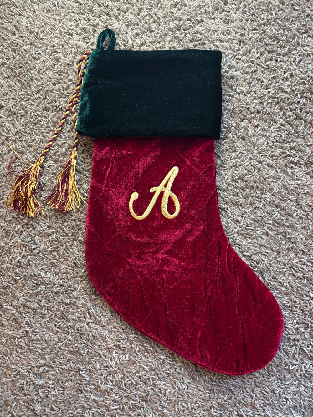 Monogram A Red Velvet Christmas Stocking with Green Cuff and Gold Tassels
